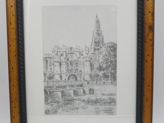 Lámina dibujo plumilla Pedro Saiz. Arco de Santa María (Burgos). 1990. Marco madera