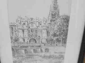 Lámina dibujo plumilla Pedro Saiz. Arco de Santa María (Burgos). 1990. Marco madera
