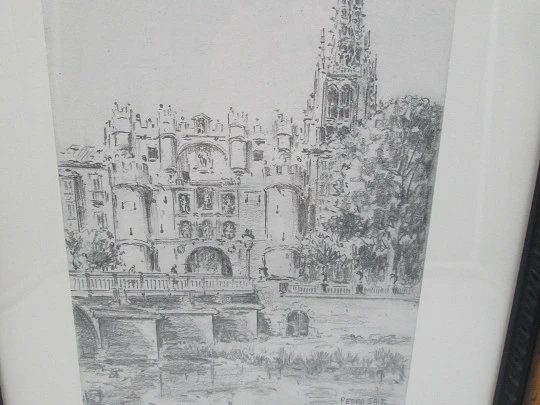 Lámina dibujo plumilla Pedro Saiz. Arco de Santa María (Burgos). 1990. Marco madera