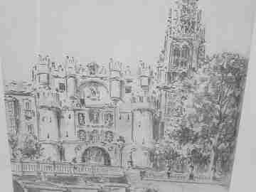 Lámina dibujo plumilla Pedro Saiz. Arco de Santa María (Burgos). 1990. Marco madera