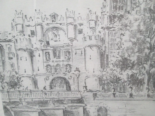 Lámina dibujo plumilla Pedro Saiz. Arco de Santa María (Burgos). 1990. Marco madera