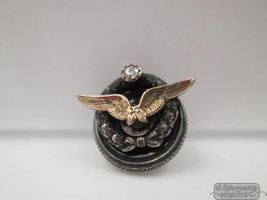 Lapel pin. Pilot wings. Sterling silver & laminated 18k gold. Diamond