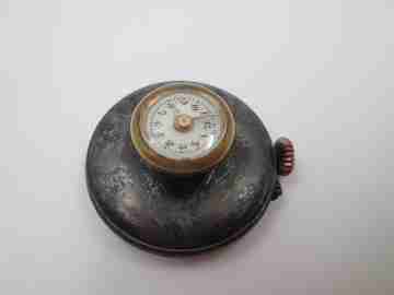 Lapel watch. Iron & gold plated. 1890's. Stem-wind. Pin-set. White dial
