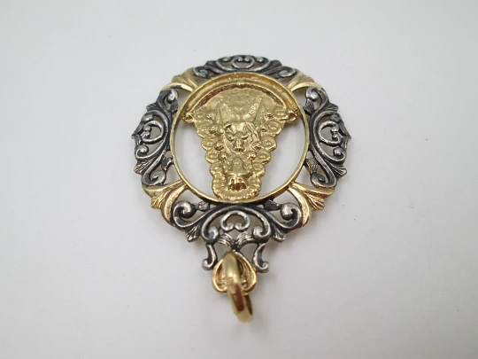 Large openwork medal Virgin with Child and staff. Sterling silver and vermeil. 1970's