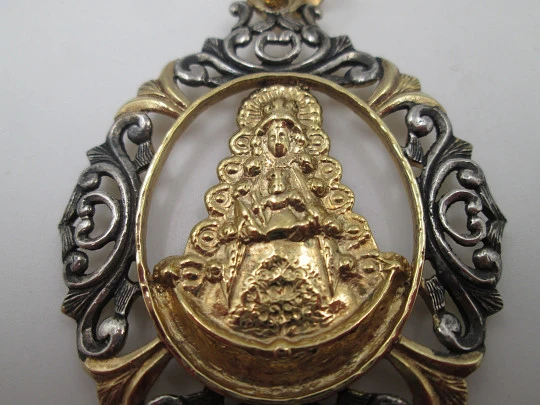 Large openwork medal Virgin with Child and staff. Sterling silver and vermeil. 1970's