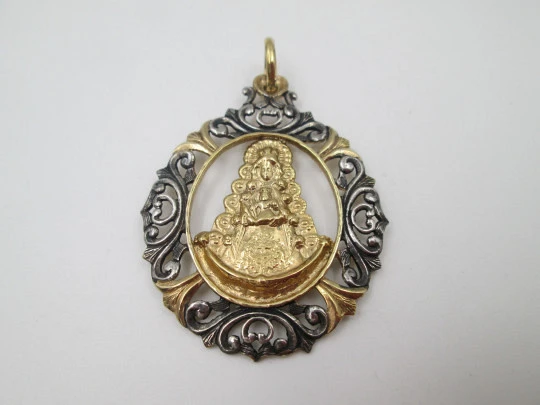 Large openwork medal Virgin with Child and staff. Sterling silver and vermeil. 1970's