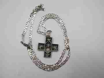 Latin cross with link chain. 925 sterling silver. Christ and cherubs. Carabiner clasp. 1970's