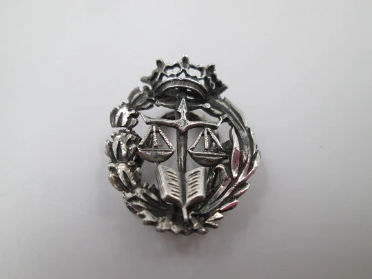 Law shield lapel emblem. Sterling silver. 1980's. Professional pin