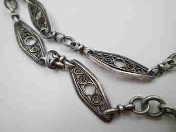 Leontina cadena reloj bolsillo. Rombos calados. Plata ley. Mosquetón. 1930