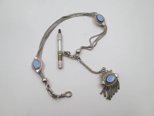 Leontina tres hilos reloj bolsillo. Plata y piedras azules. Llave, colgante y correderas