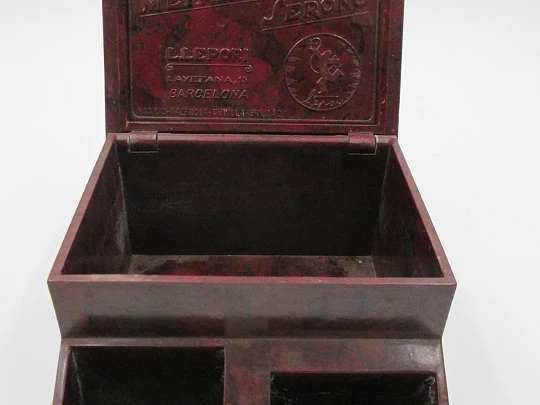 Lepori advertising table desk box. Garnet bakelite. Articulated lid. Spain. 1940's