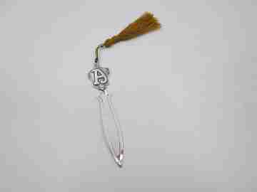 Letter A shield bookmark. 925 sterling silver hallmarks. Golden tassel. 1990's. Spain