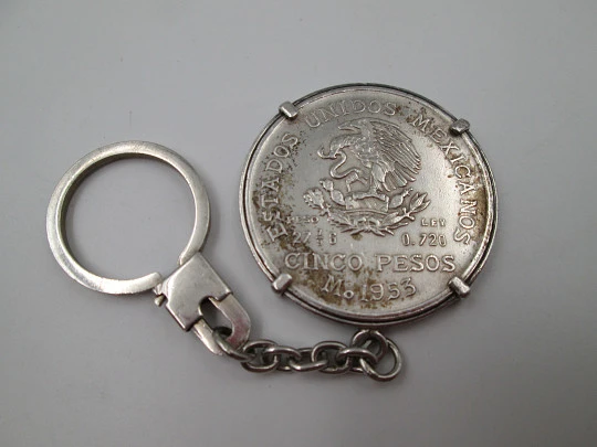 Llavero para caballero. Plata de ley. Moneda cinco pesos mexicanos Miguel Hidalgo. 1953 Llavero para caballero. Plata de ley. Moneda cinco pesos mexicanos Miguel Hidalgo. 1953
