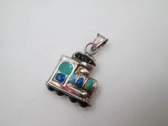 Locomotive women's pendant. Sterling silver and colours enamel. Ring top. 1990's