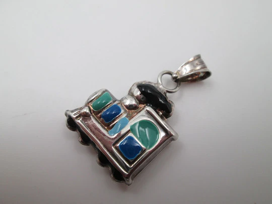 Locomotive women's pendant. Sterling silver and colours enamel. Ring top. 1990's