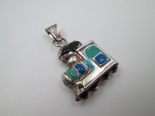 Locomotive women's pendant. Sterling silver and colours enamel. Ring top. 1990's