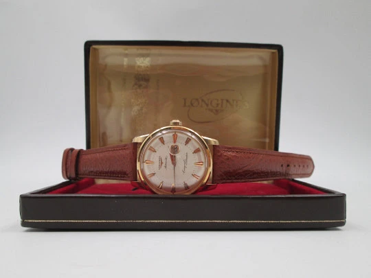 Longines Conquest Calendar. Oro rosa 18 quilates. Correa piel. Dial champagne. 1956