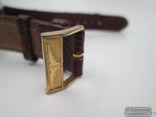 Longines Conquest. Stainless steel. Automatic. Black dial. 1950's. Brown strap Longines Conquest. Stainless steel. Automatic. Black dial. 1950's. Brown strap