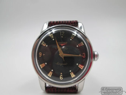 Longines Conquest. Stainless steel. Automatic. Black dial. 1950's. Brown strap