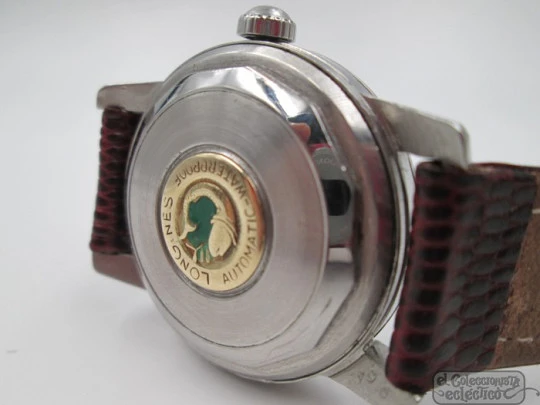 Longines Conquest. Stainless steel. Automatic. Black dial. 1950's. Brown strap Longines Conquest. Stainless steel. Automatic. Black dial. 1950's. Brown strap