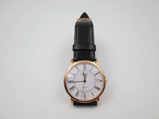 Longines Elegant. Oro rosa 18 quilates. Automático. Fondo vista. Calendario. Estuche