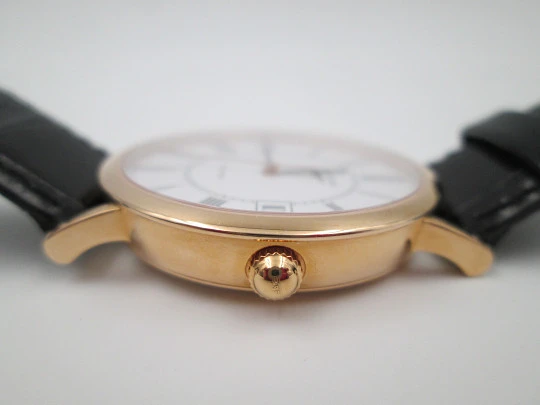 Longines Elegant. Oro rosa 18 quilates. Automático. Fondo vista. Calendario. Estuche