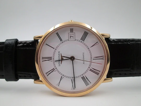 Longines Elegant. Oro rosa 18 quilates. Automático. Fondo vista. Calendario. Estuche