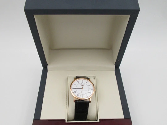 Longines Elegant. Oro rosa 18 quilates. Automático. Fondo vista. Calendario. Estuche