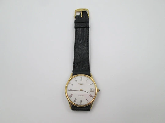 Longines extraplano. Acero y chapado oro 20 micras. Automático. Calendario. Correa