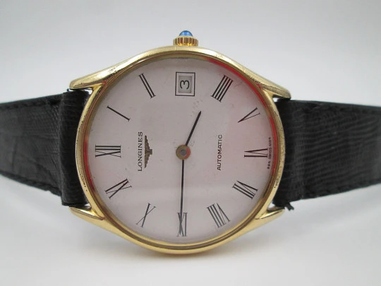 Longines extraplano. Acero y chapado oro 20 micras. Automático. Calendario. Correa