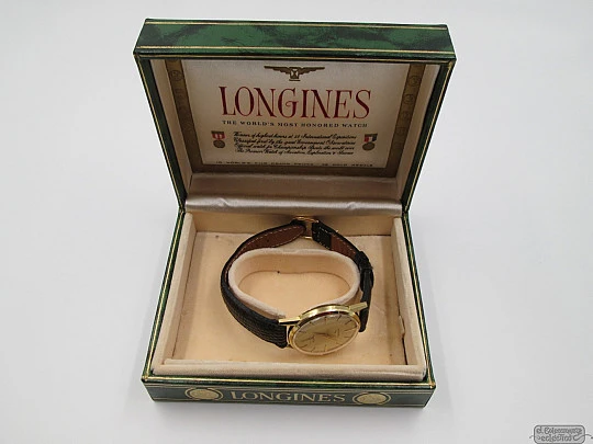 Longines Flagship. 18k yellow gold. 1950's. Strap. Box. Manual wind