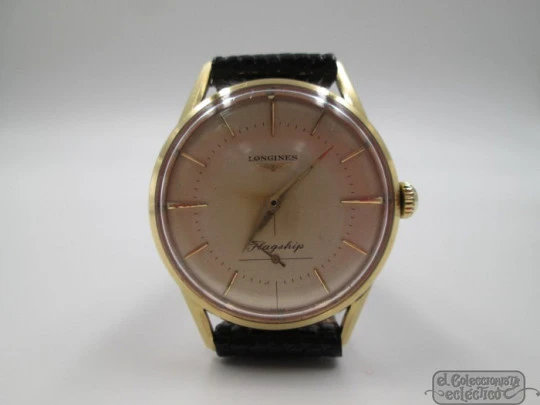 Longines Flagship. 18k yellow gold. 1950's. Strap. Box. Manual wind