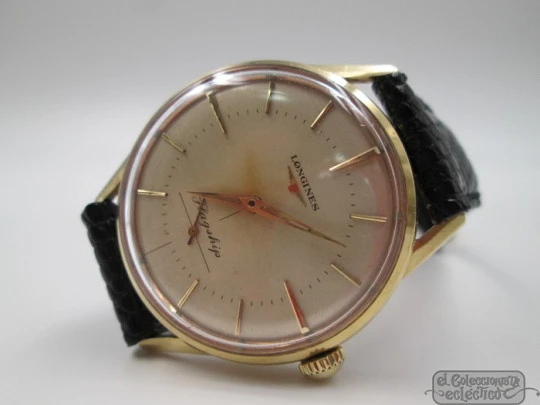 Longines Flagship. 18k yellow gold. 1950's. Strap. Box. Manual wind