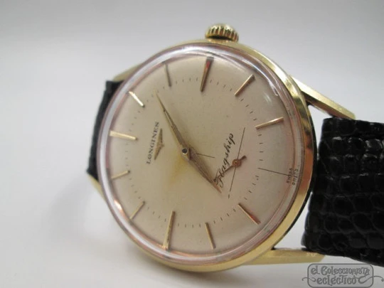 Longines Flagship. 18k yellow gold. 1950's. Strap. Box. Manual wind