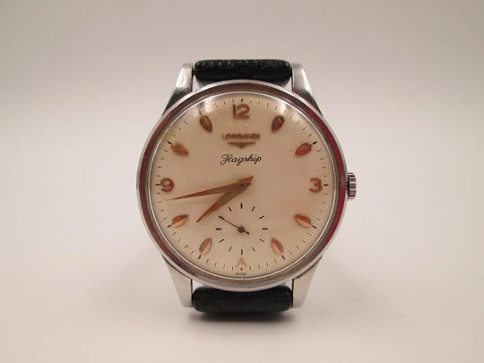 Longines Flagship. Manual wind. Stainless steel. Sub Second. Leather strap. 1960's