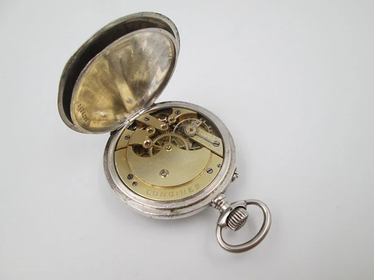 Longines open-faced pocket watch. 800 sterling silver. Stem-wind / pin-set. 1890's