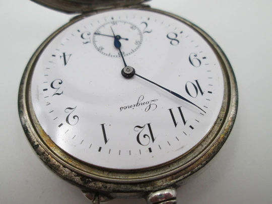 Longines open-faced pocket watch. 800 sterling silver. Stem-wind / pin-set. 1890's