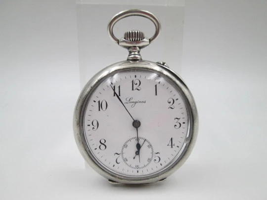Longines open-faced pocket watch. 800 sterling silver. Stem-wind / pin-set. 1890's