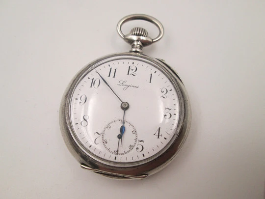 Longines open-faced pocket watch. 800 sterling silver. Stem-wind / pin-set. 1890's