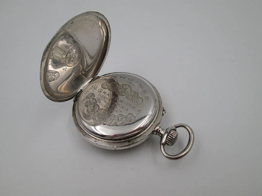 Longines open-faced pocket watch. 800 sterling silver. Stem-wind / pin-set. 1890's
