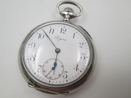 Longines open-faced pocket watch. 800 sterling silver. Stem-wind / pin-set. 1890's