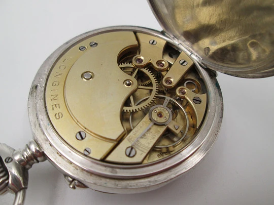 Longines open-faced pocket watch. 800 sterling silver. Stem-wind / pin-set. 1890's