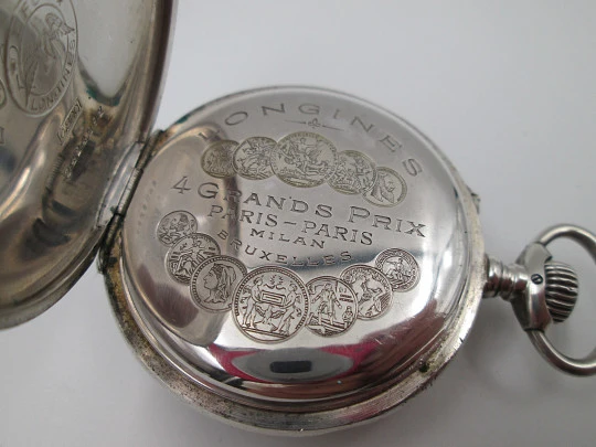 Longines open-faced pocket watch. 800 sterling silver. Stem-wind / pin-set. 1890's