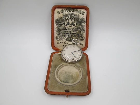 Longines open-faced pocket watch. Chromed steel. Stem-wind. Seconds hand. 1930's. Swiss
