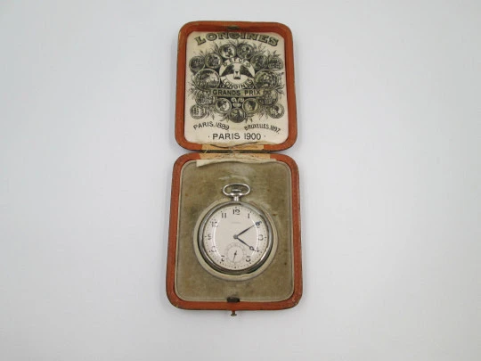 Longines open-faced pocket watch. Chromed steel. Stem-wind. Seconds hand. 1930's. Swiss
