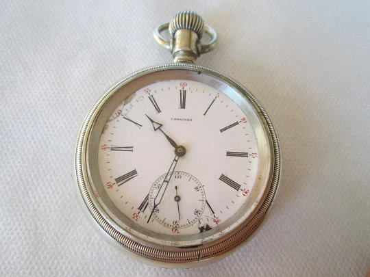 Longines. Silver plated metal. Open face. Stem-wind. 1910's. Screw-off