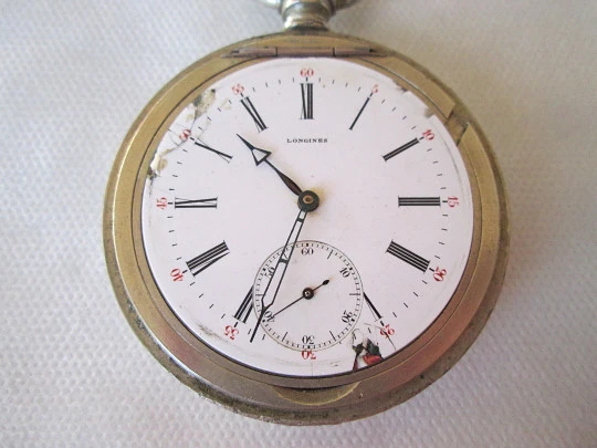 Longines. Silver plated metal. Open face. Stem-wind. 1910's. Screw-off