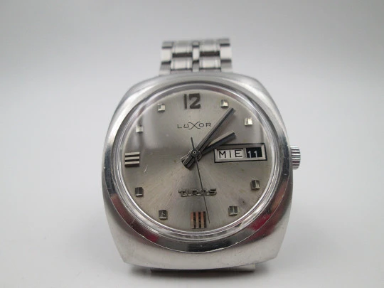 Luxor Tiros. Stainless steel. Automatic. Date & day. Bracelet. Swiss. 1970's