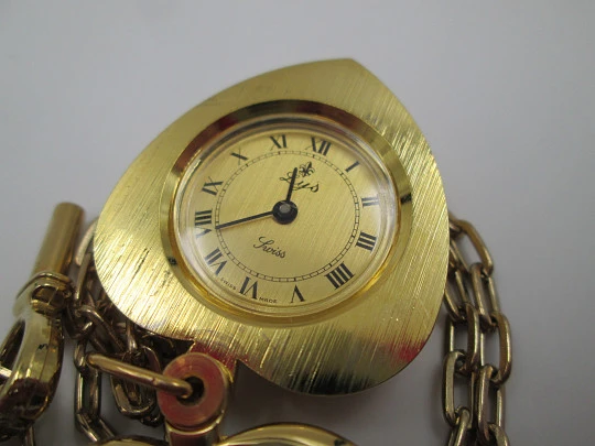 Lys women's heart pendant watch. Gold plated. Manual wind. Key and chain. 1970's