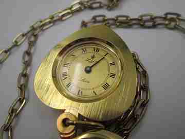 Lys women's heart pendant watch. Gold plated. Manual wind. Key and chain. 1970's